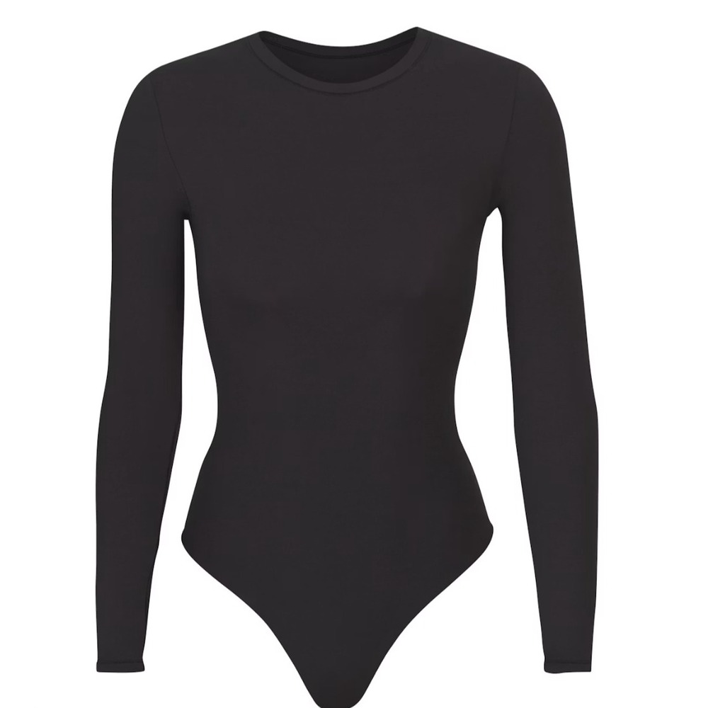 SKIMS Cotton Jersey Long Sleeve Bodysuit Soot Black Crew Neck‎ Thong Back